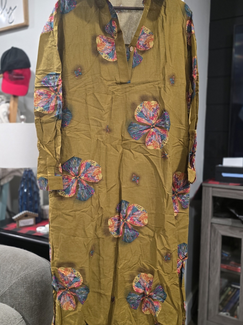 NWOT Mustard Yellow Graphic Floral Longline Tunic Dress S